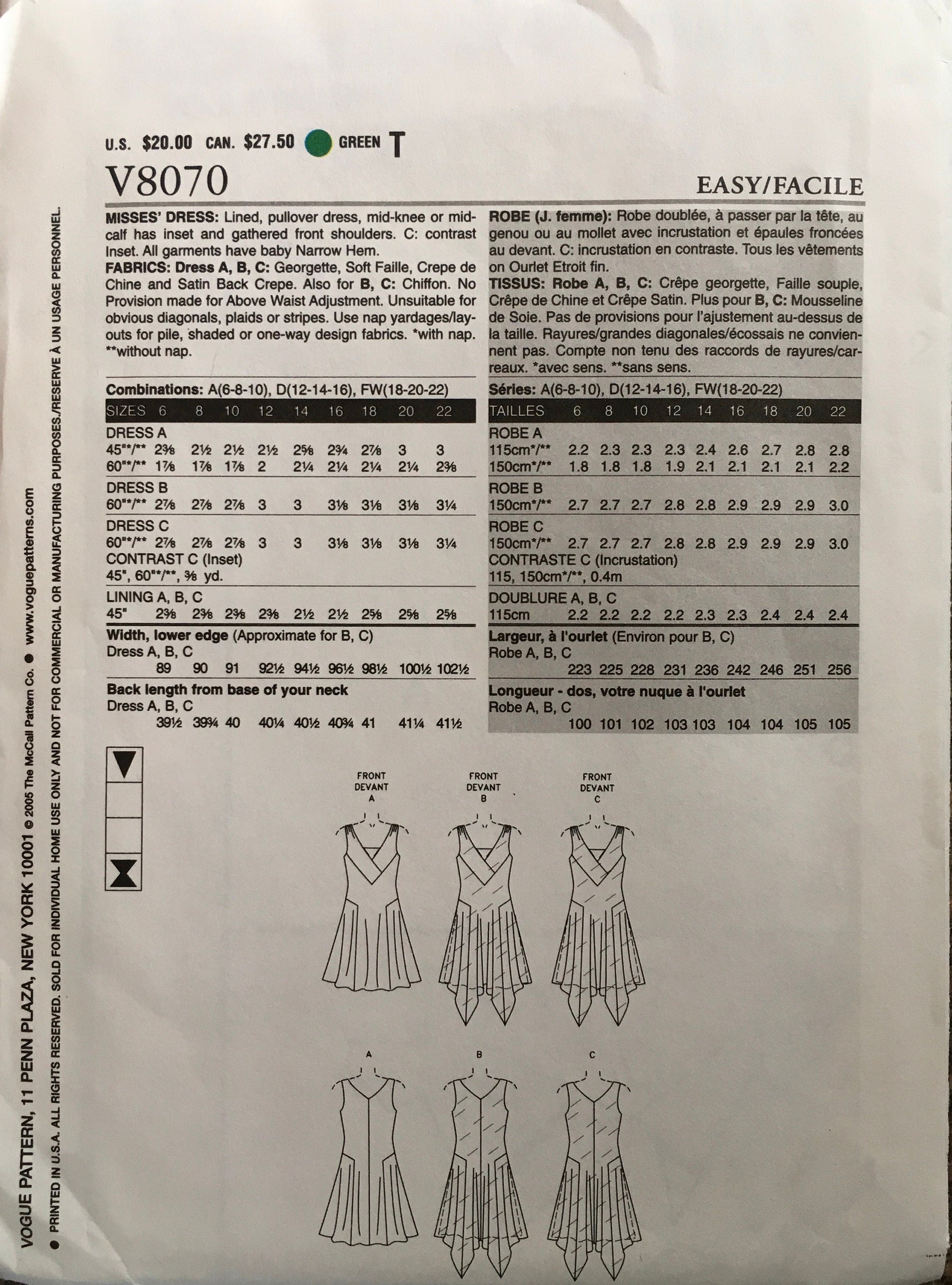 Vogue 8070 Sewing Pattern (Vintage) UNCUT