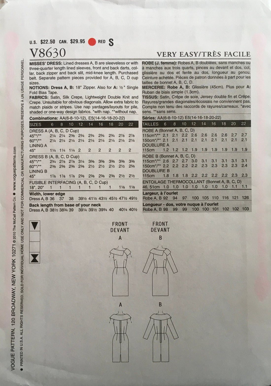Vogue 8630 Sewing Pattern (Vintage) UNCUT