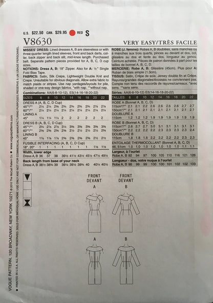 Vogue 8630 Sewing Pattern (Vintage) UNCUT
