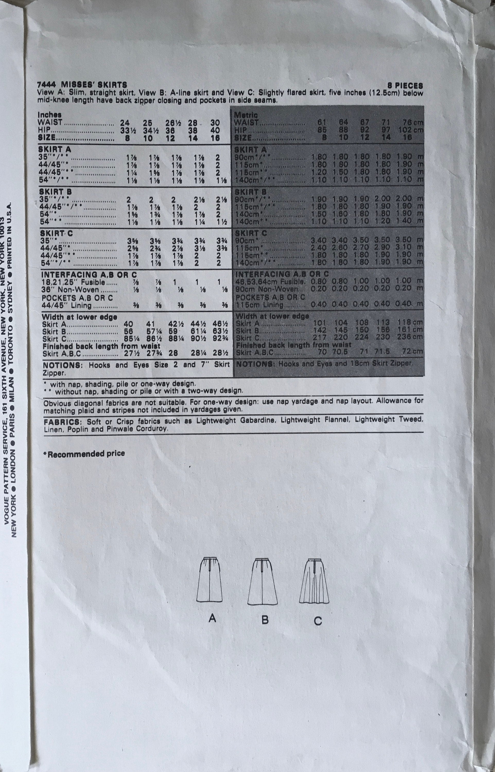 Vogue 7444 Sewing Pattern (Vintage) UNCUT