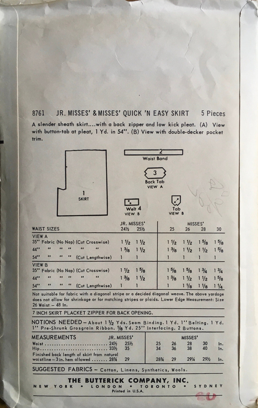 Butterick 8761 Sewing Pattern (Vintage) CUT