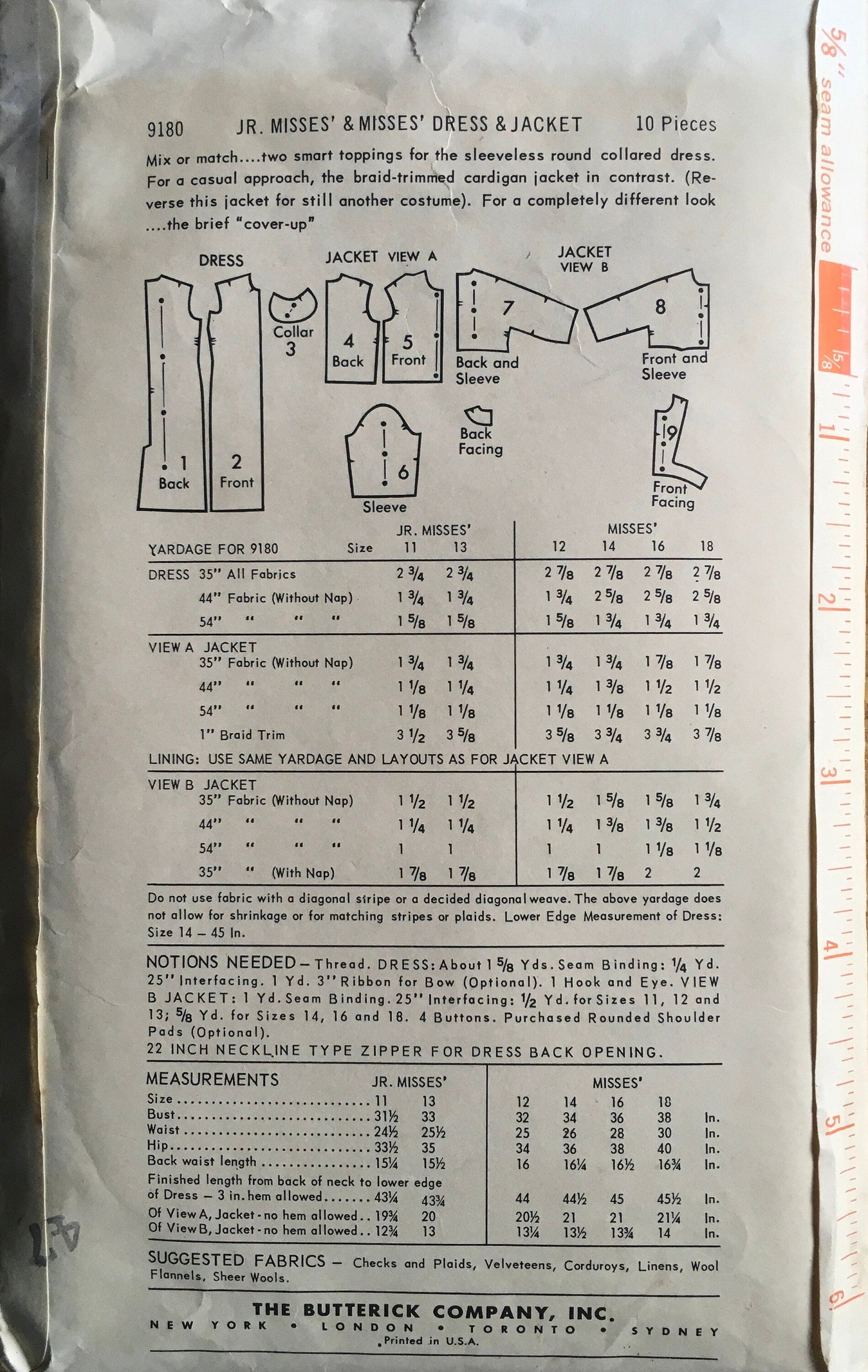 Butterick 9180 Sewing Pattern (Vintage) CUT