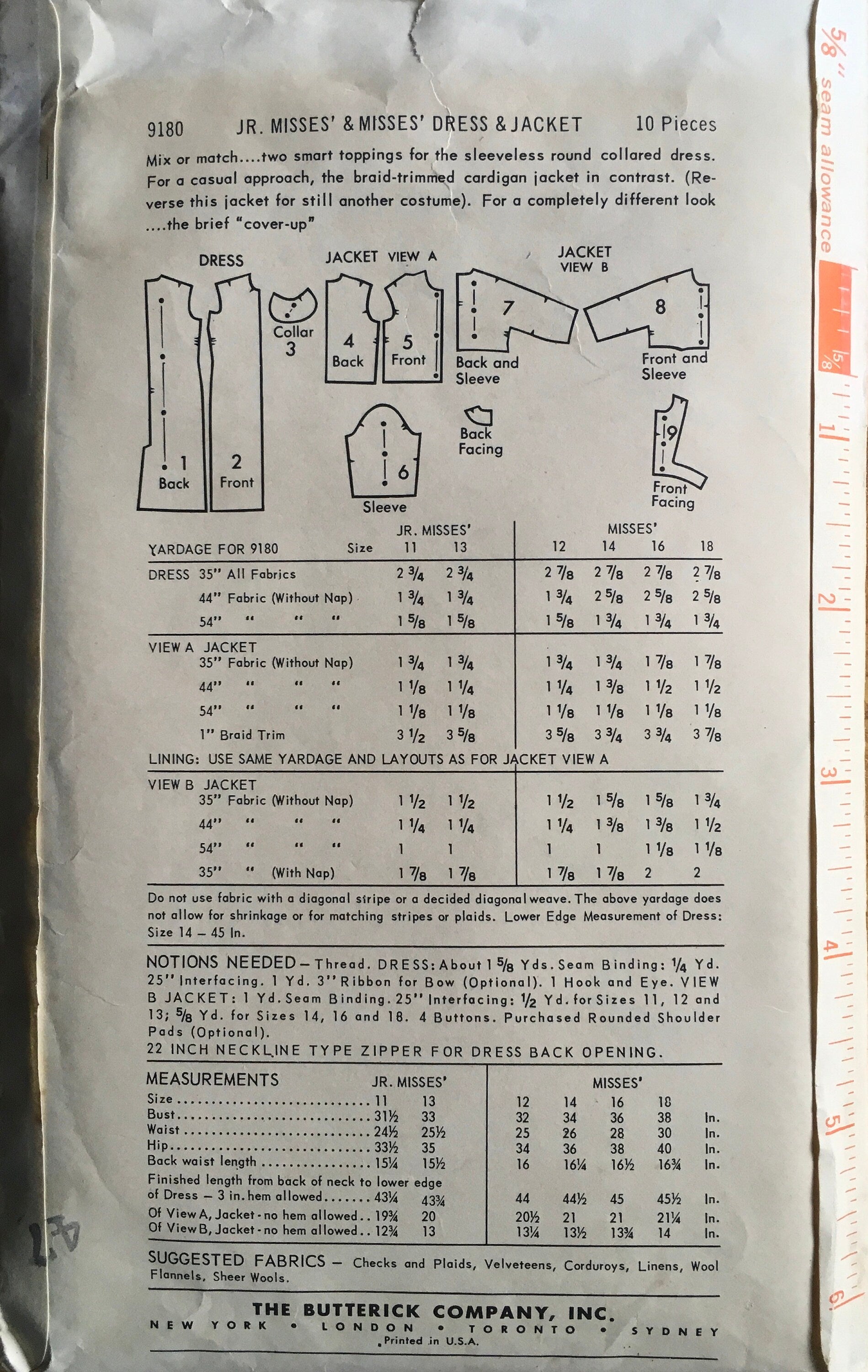 Butterick 9180 Sewing Pattern (Vintage) CUT