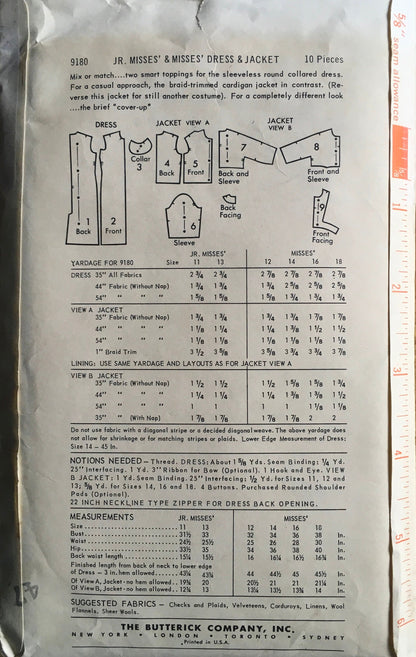 Butterick 9180 Sewing Pattern (Vintage) CUT