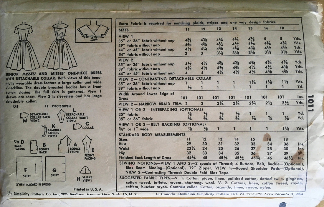 Simplicity 1011 Sewing Pattern (Vintage) CUT