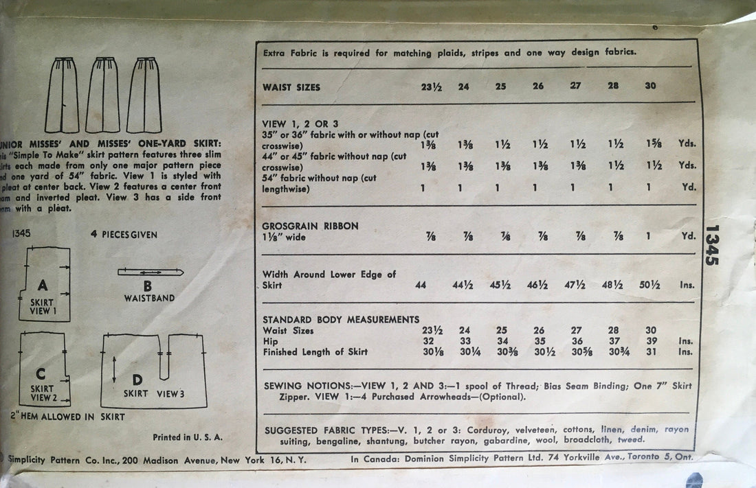 Simplicity 1345 Sewing Pattern (Vintage) CUT