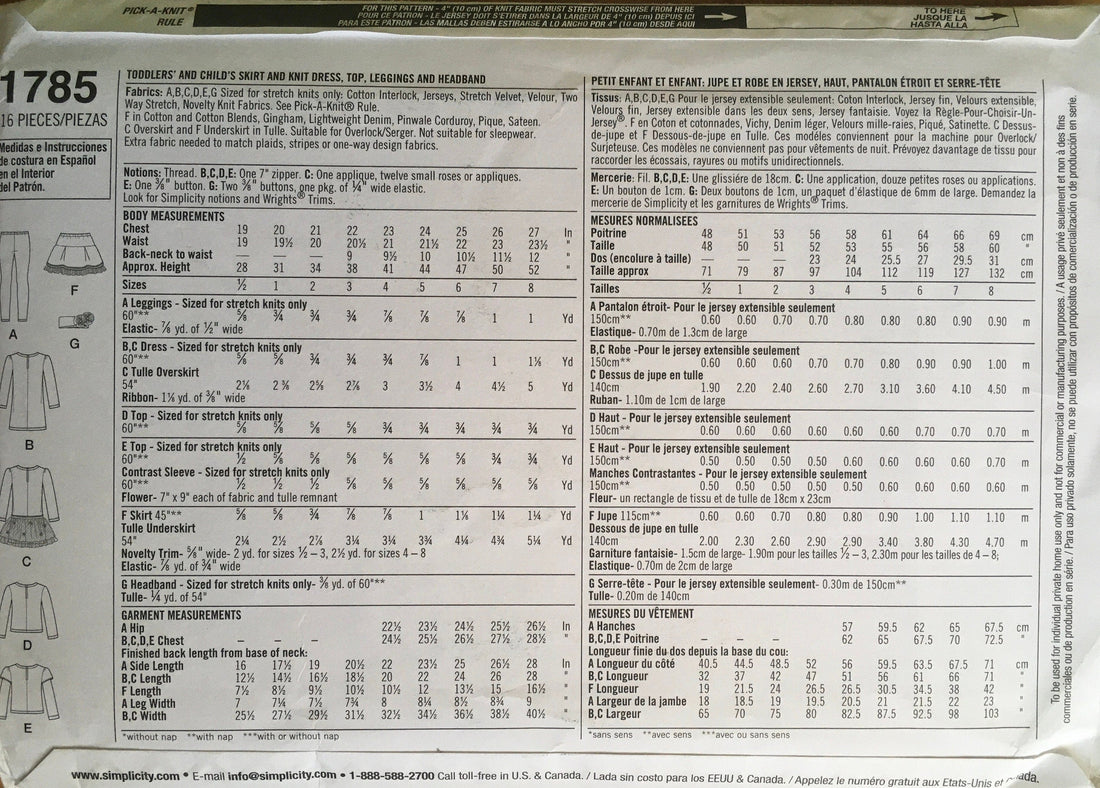 Simplicity 1785 Sewing Pattern (Vintage) UNCUT