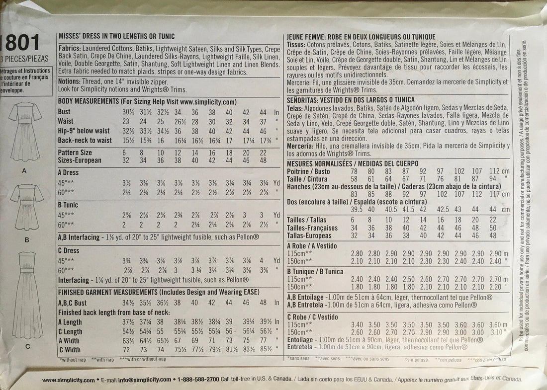 Simplicity 1801 Sewing Pattern (Vintage) UNCUT