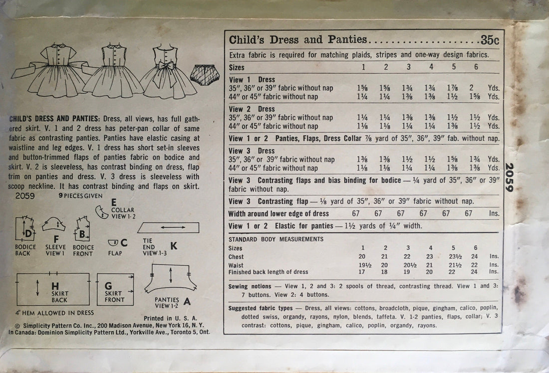Simplicity 2059 Sewing Pattern (Vintage) CUT