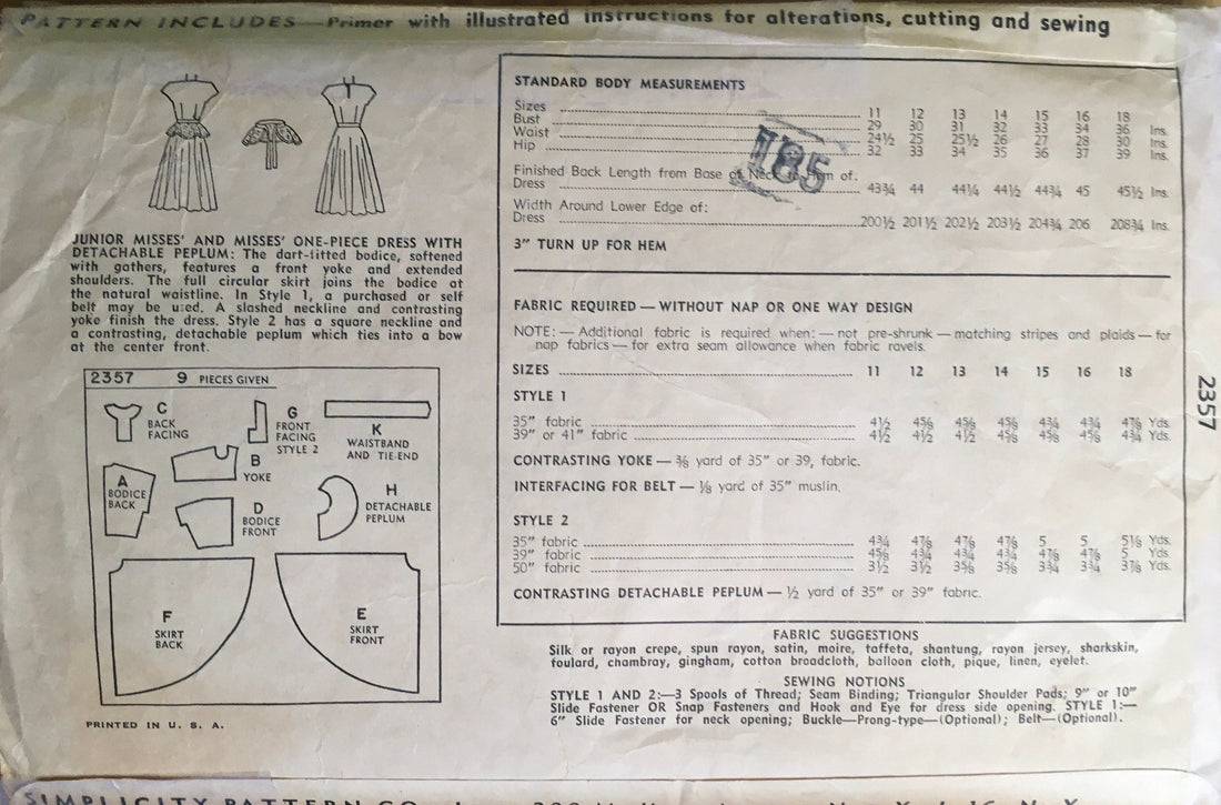 Simplicity 2357 Sewing Pattern (Vintage) CUT