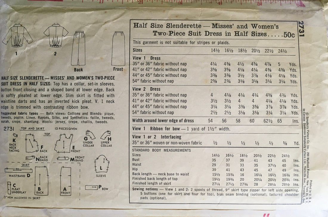 Simplicity 2731 Sewing Pattern (Vintage) CUT