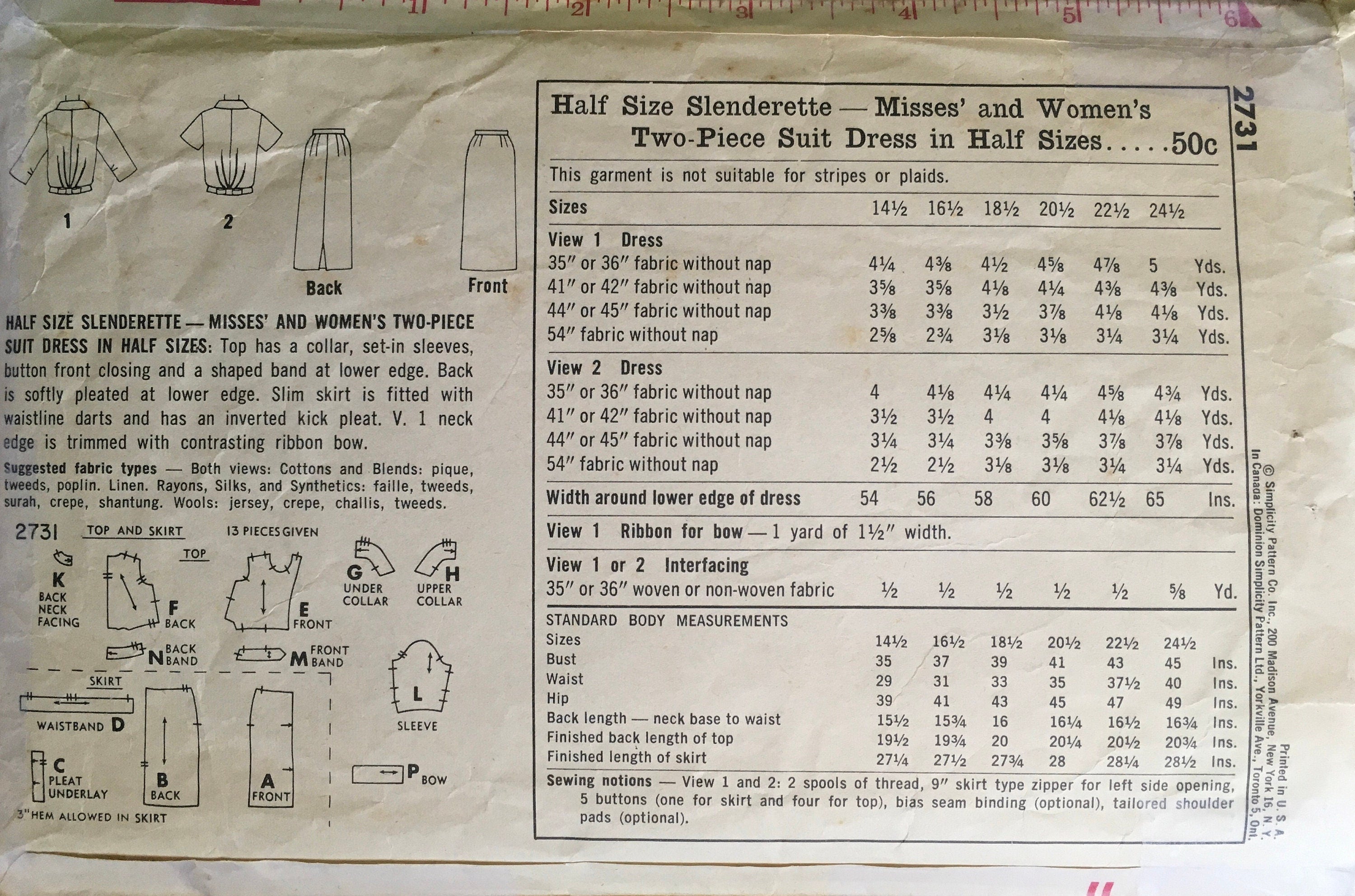 Simplicity 2731 Sewing Pattern (Vintage) CUT