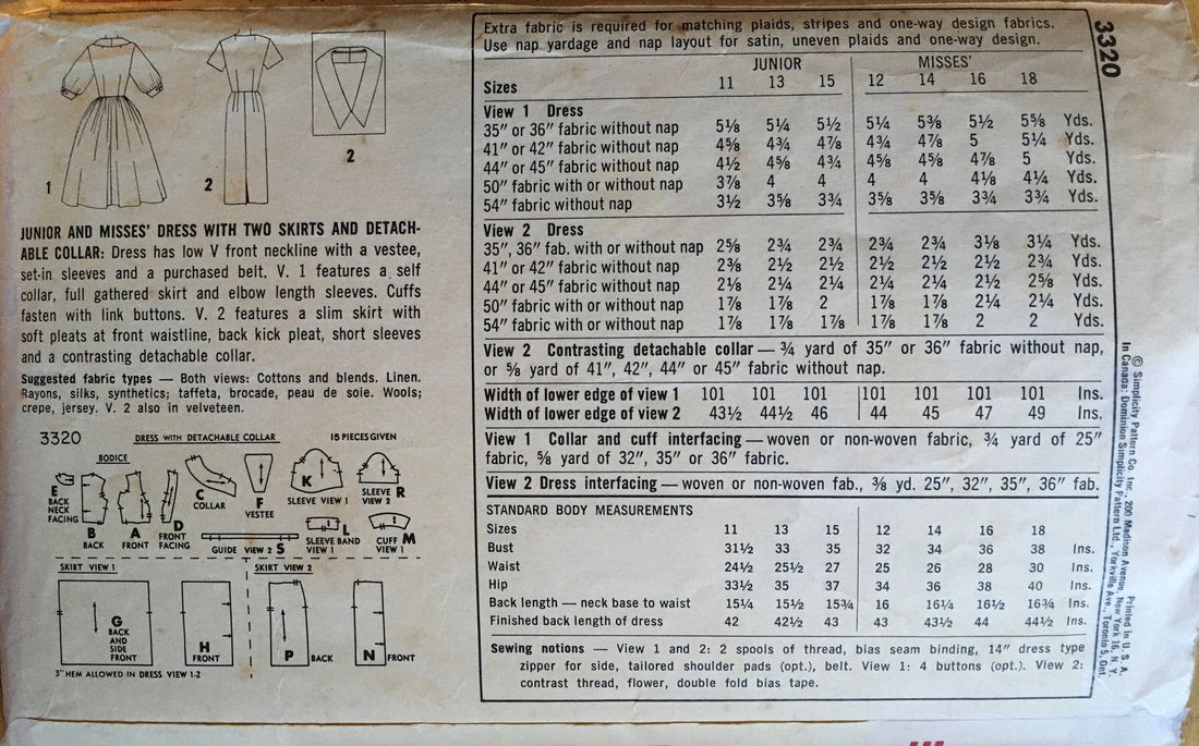 Simplicity 3320 Sewing Pattern (Vintage) CUT