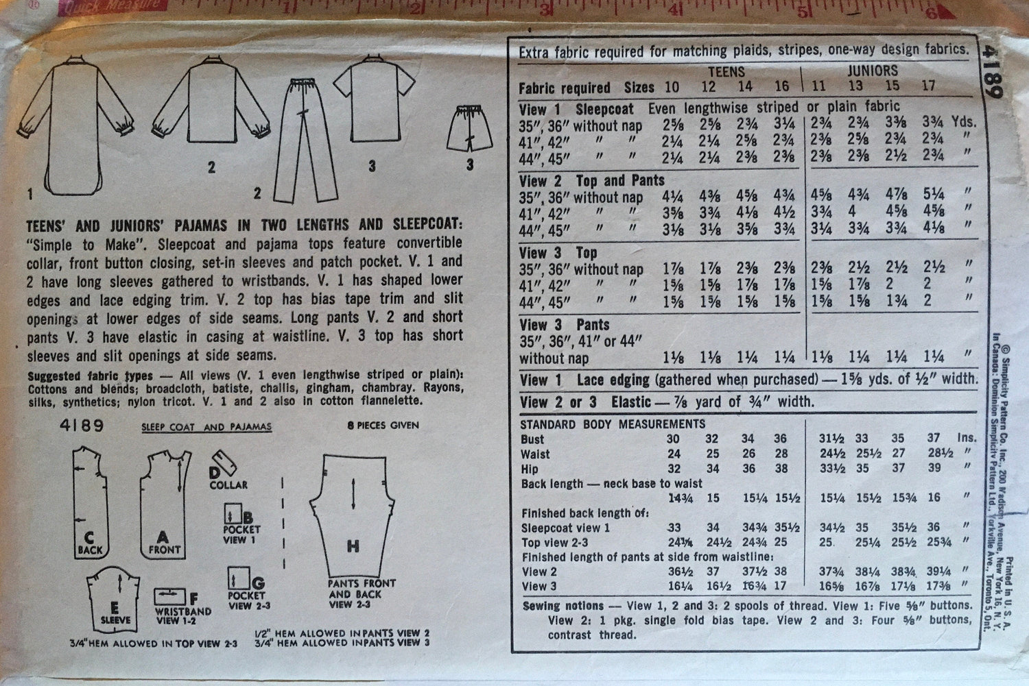 Simplicity 4189 Sewing Pattern (Vintage) UNCUT
