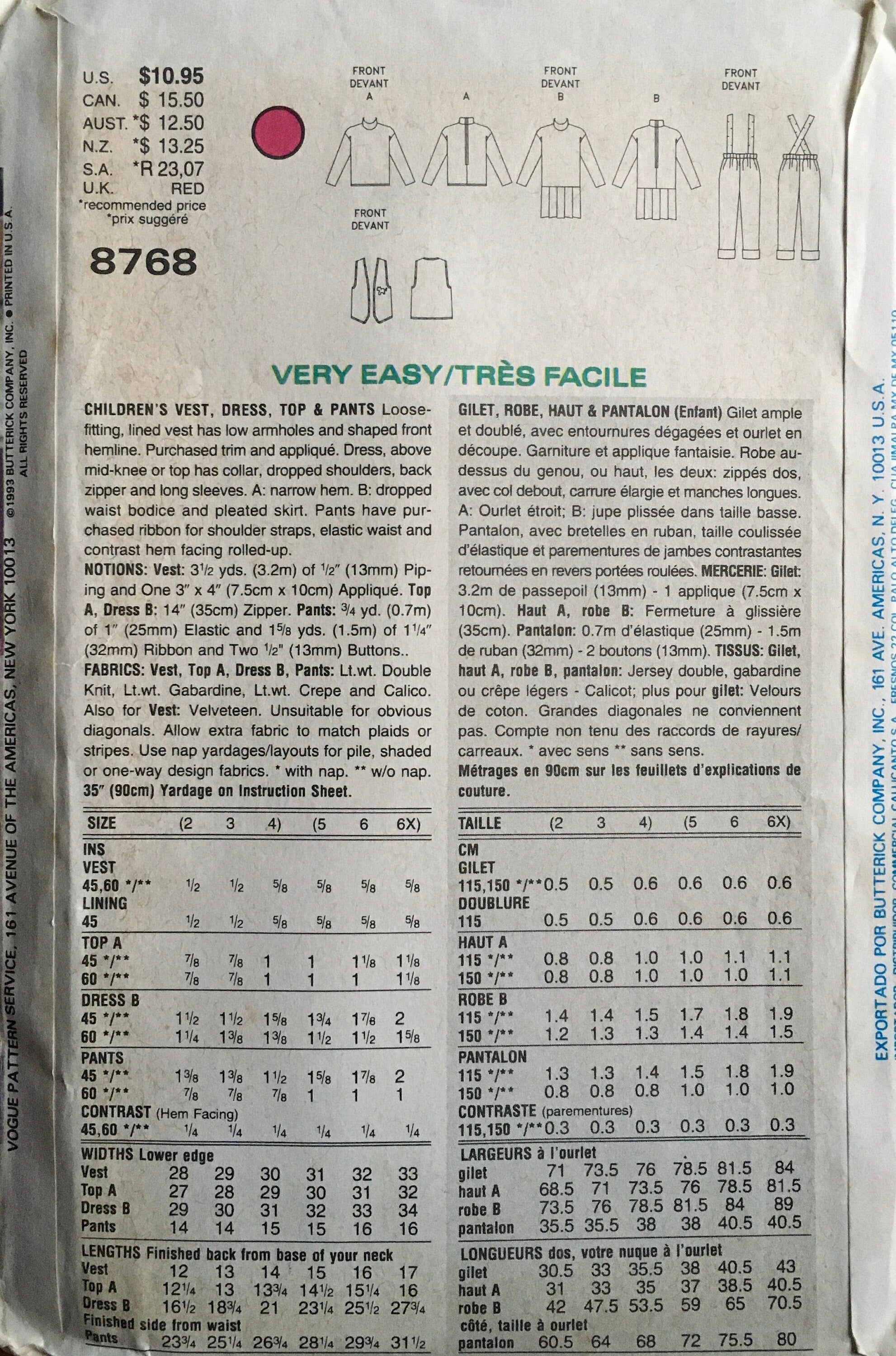 Vogue 8768 Sewing Pattern (Vintage) UNCUT