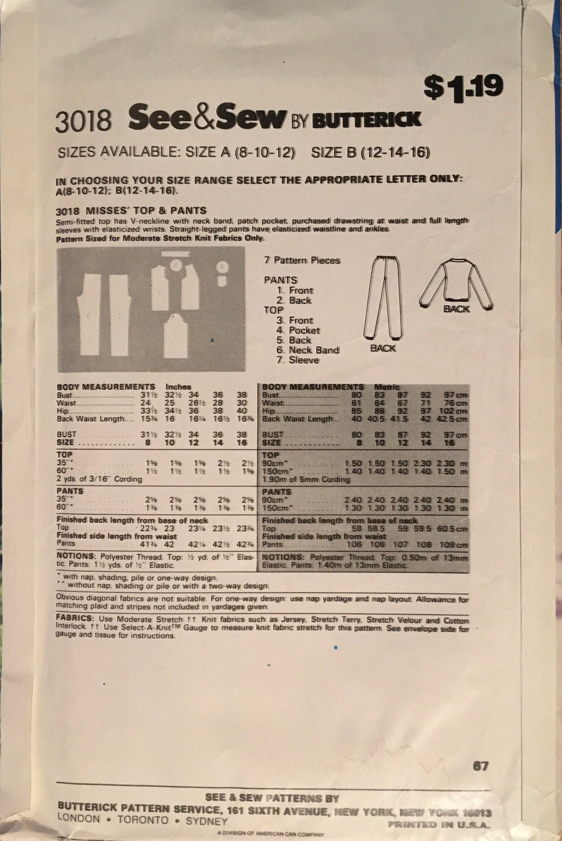 See &amp; Sew 3018 Sewing Pattern (Vintage) UNCUT