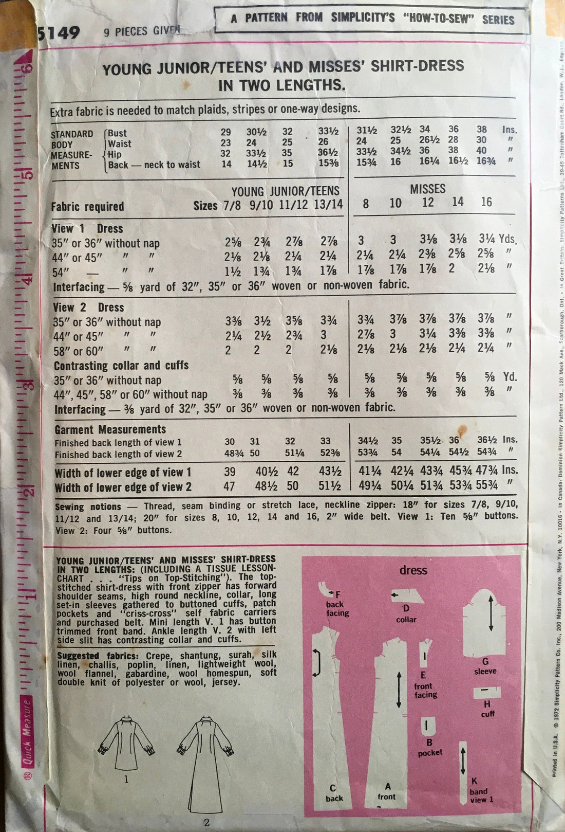 Simplicity 5149 Sewing Pattern (Vintage) CUT