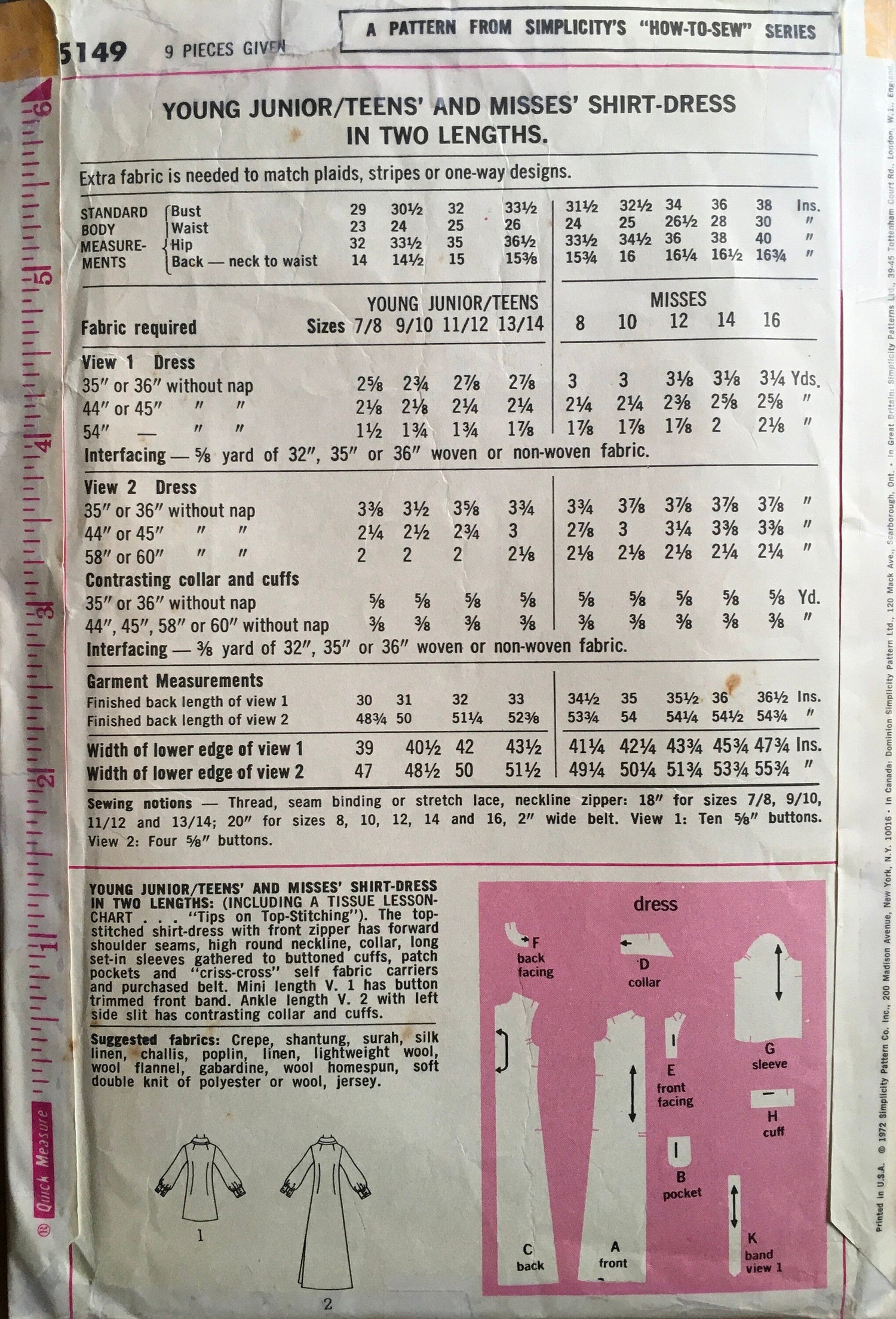 Simplicity 5149 Sewing Pattern (Vintage) CUT