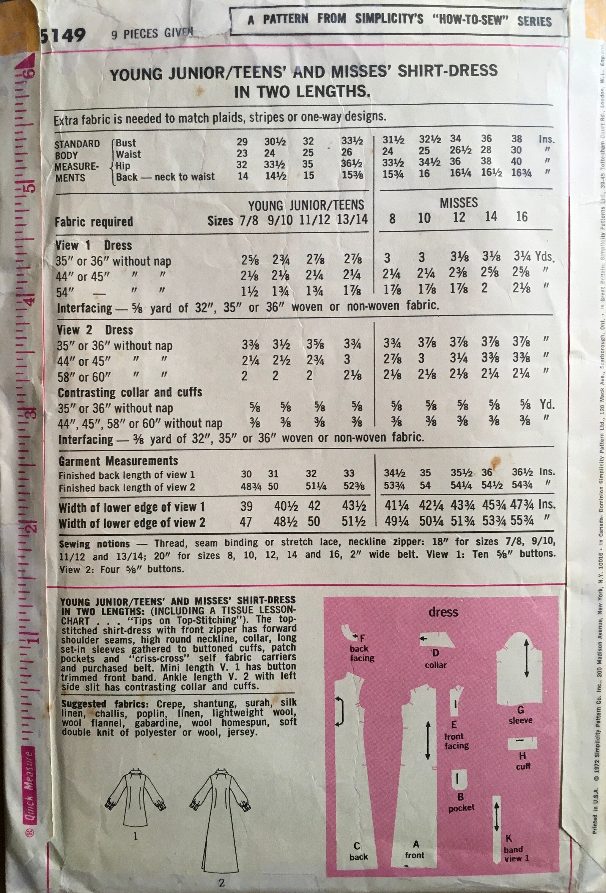 Simplicity 5149 Sewing Pattern (Vintage) CUT