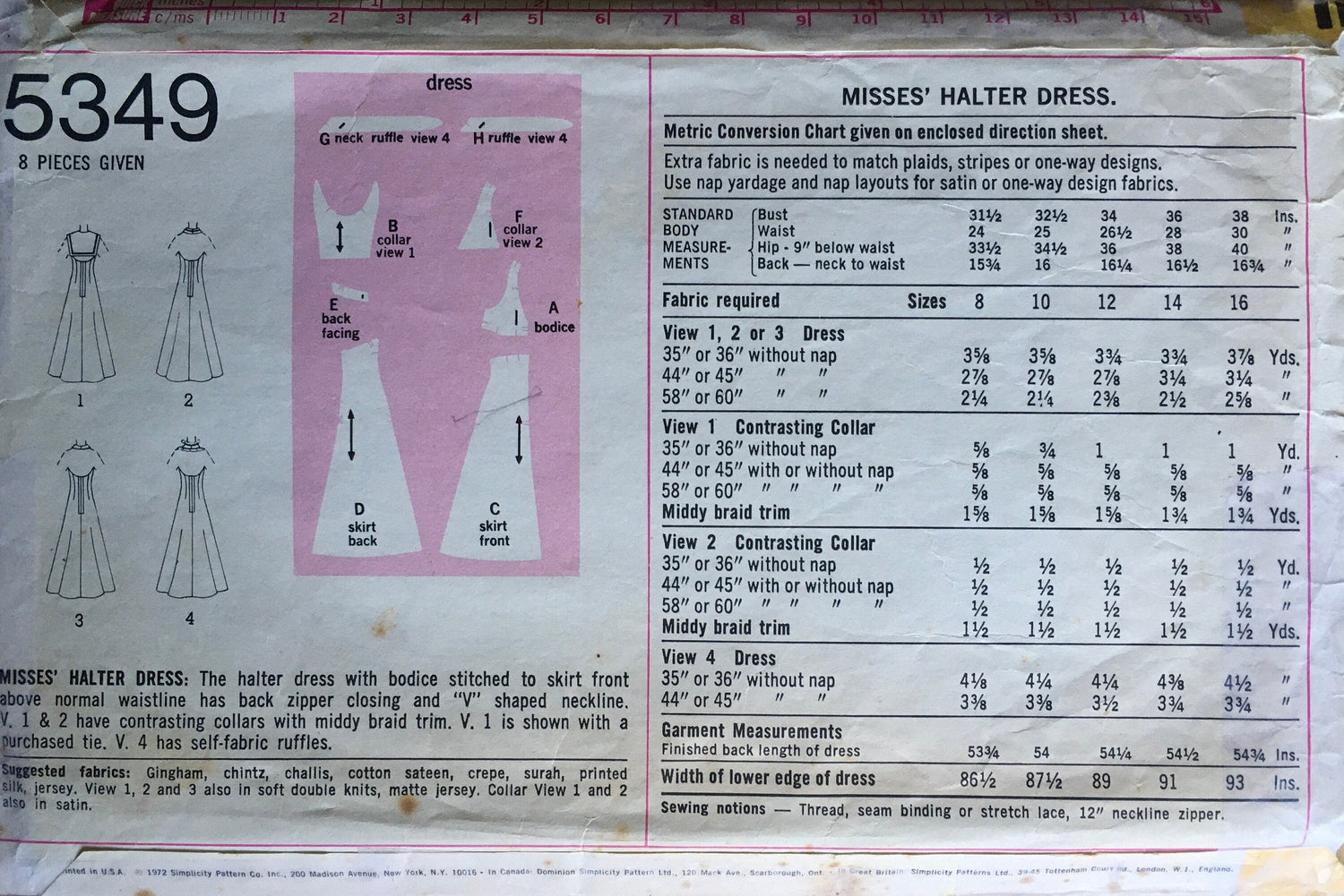 Simplicity 5349 Sewing Pattern (Vintage ) CUT
