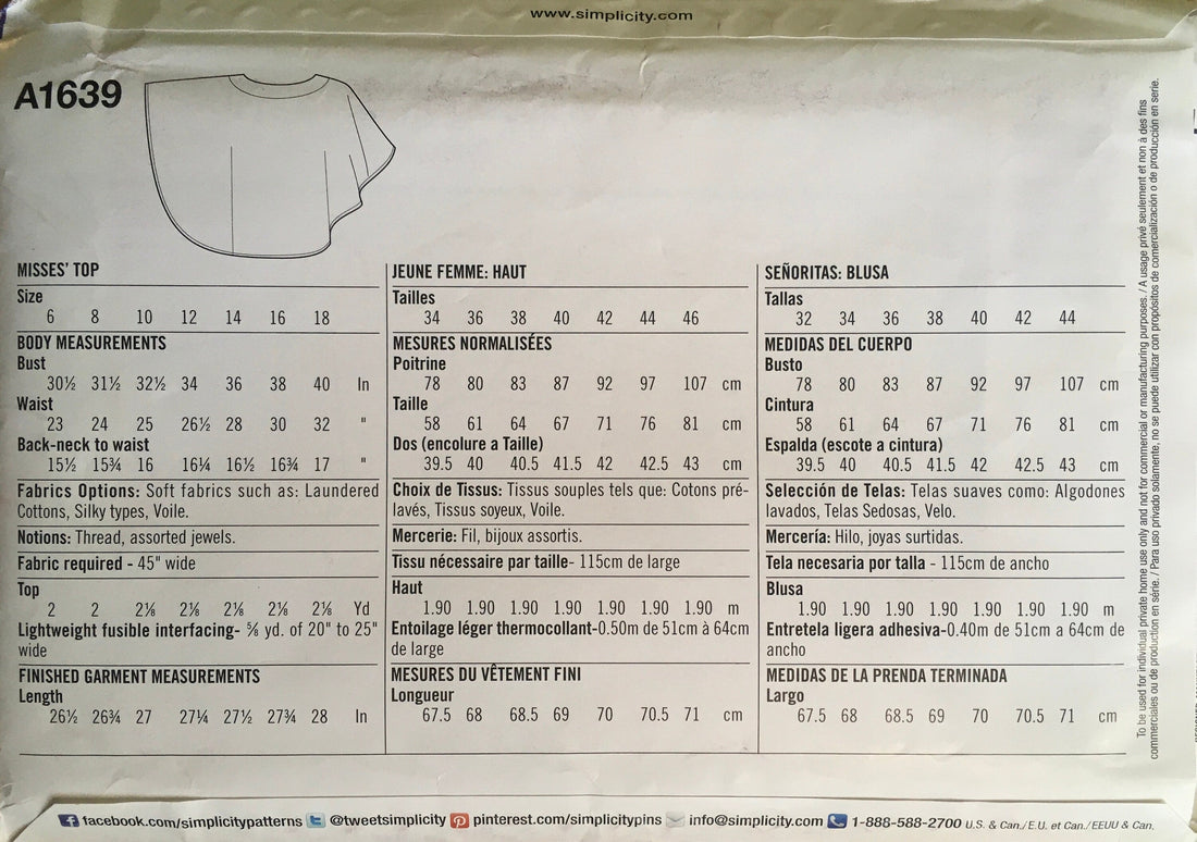 Simplicity 1639 Sewing Pattern UNCUT