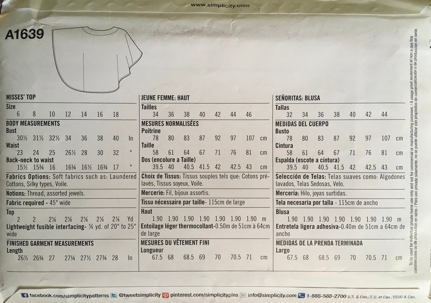 Simplicity 1639 Sewing Pattern UNCUT