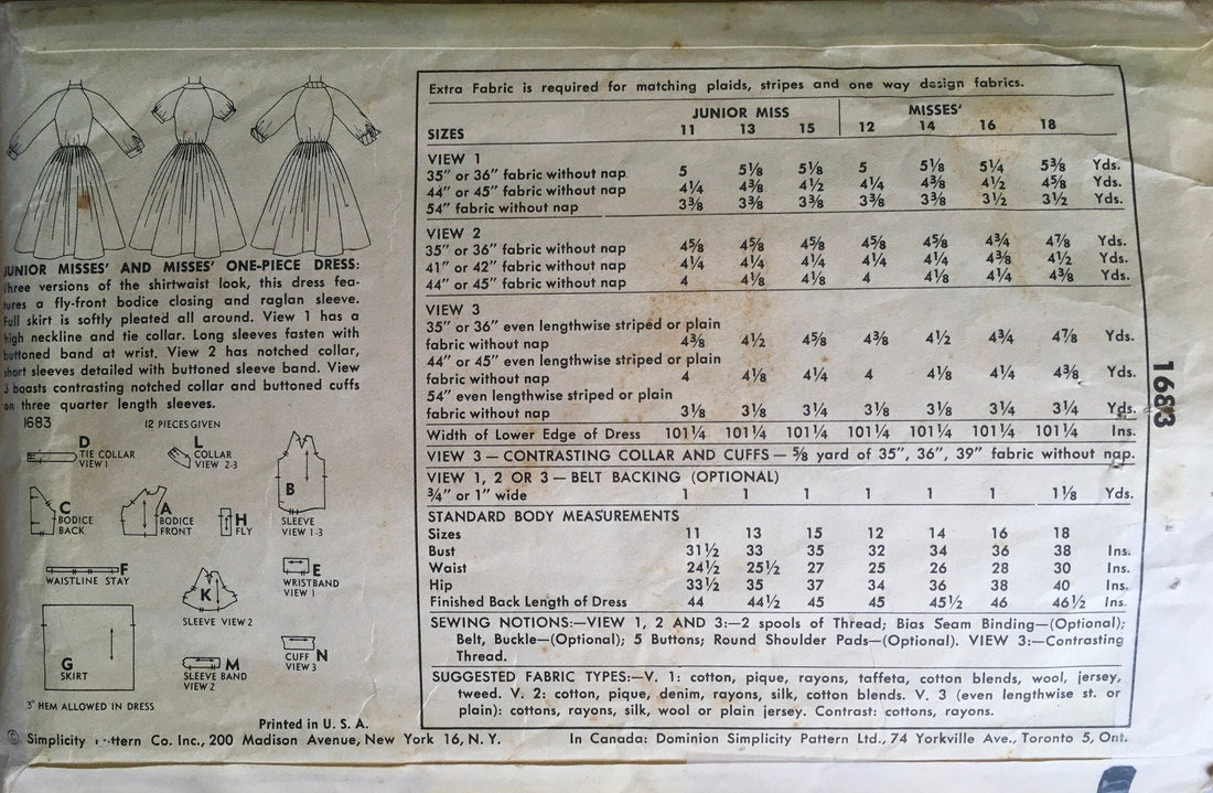 Simplicity 1683 Sewing Pattern (Vintage) CUT