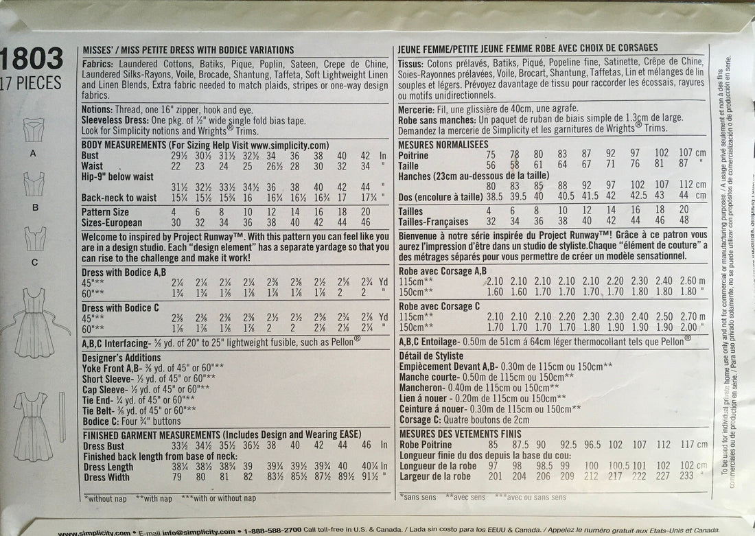 Simplicity 1803 Sewing Pattern (Vintage) UNCUT