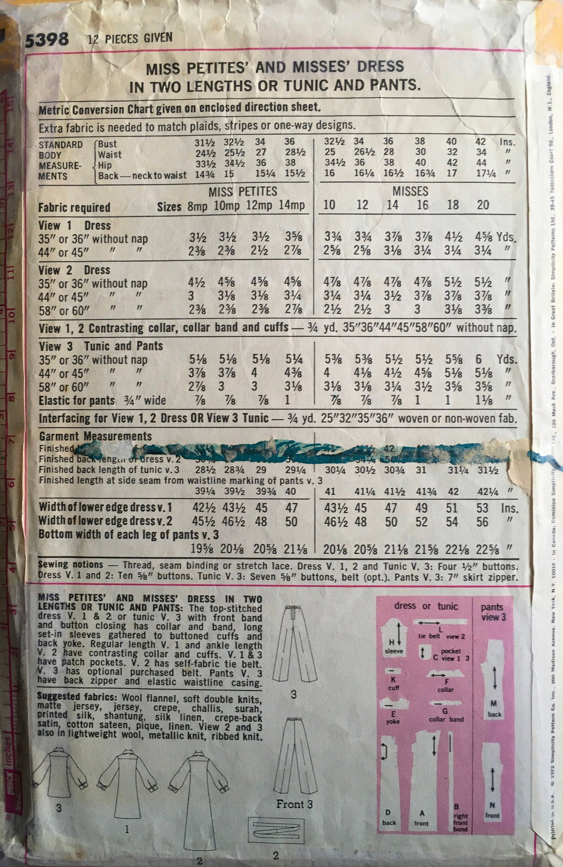 Simplicity 5398 Sewing Pattern (Vintage ) CUT