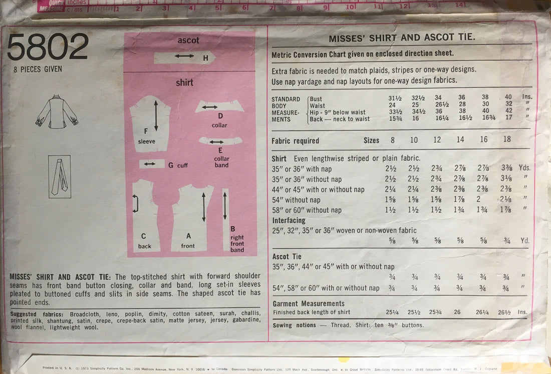 Simplicity 5802 Sewing Pattern (Vintage) CUT