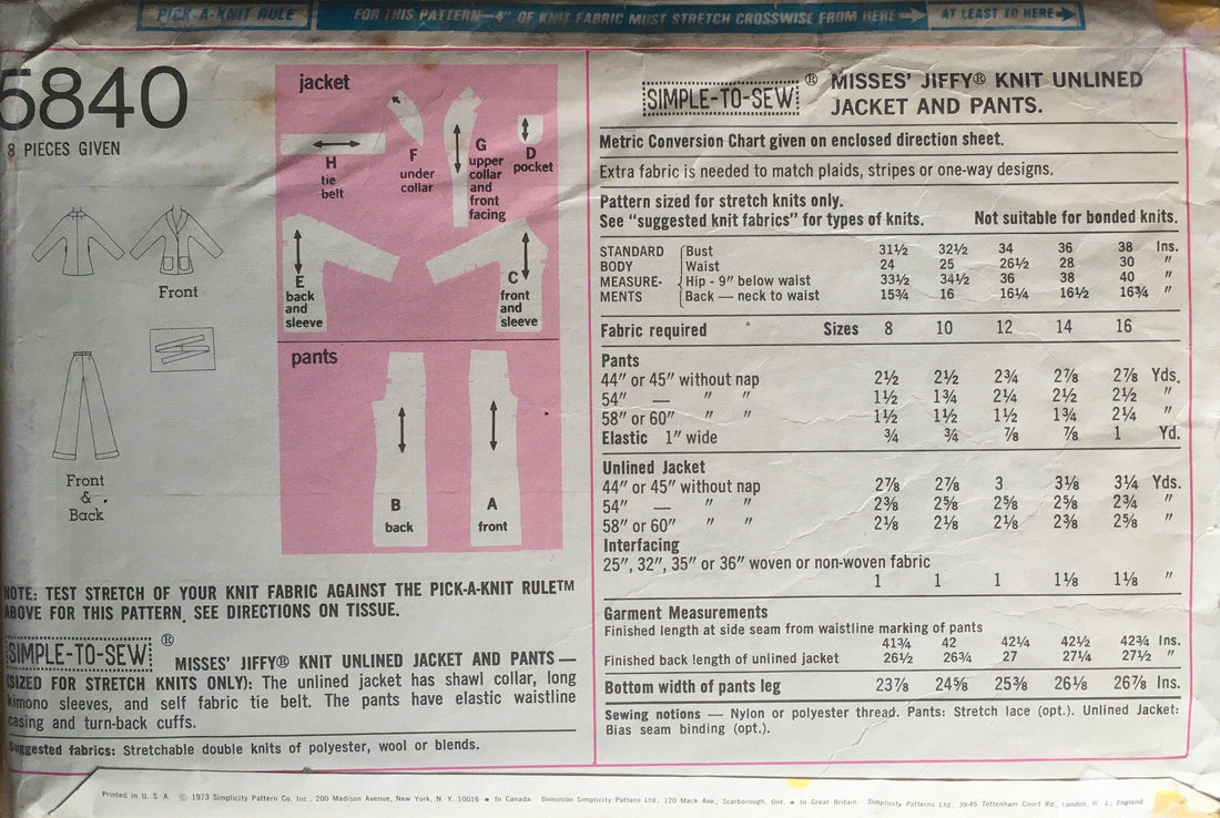 Simplicity 5840 Sewing Pattern (Vintage) CUT