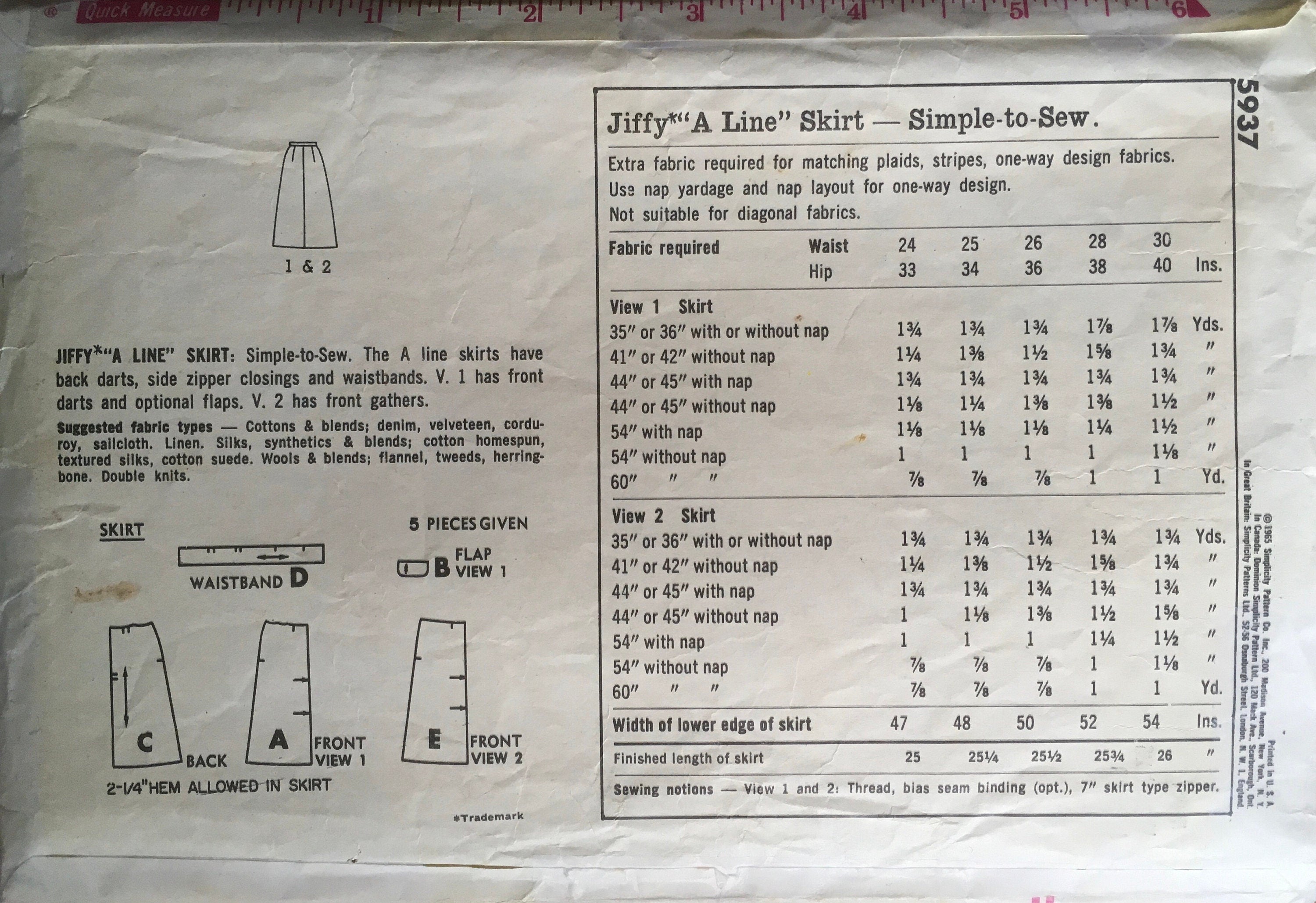 Simplicity 5937 Sewing Pattern (Vintage) CUT
