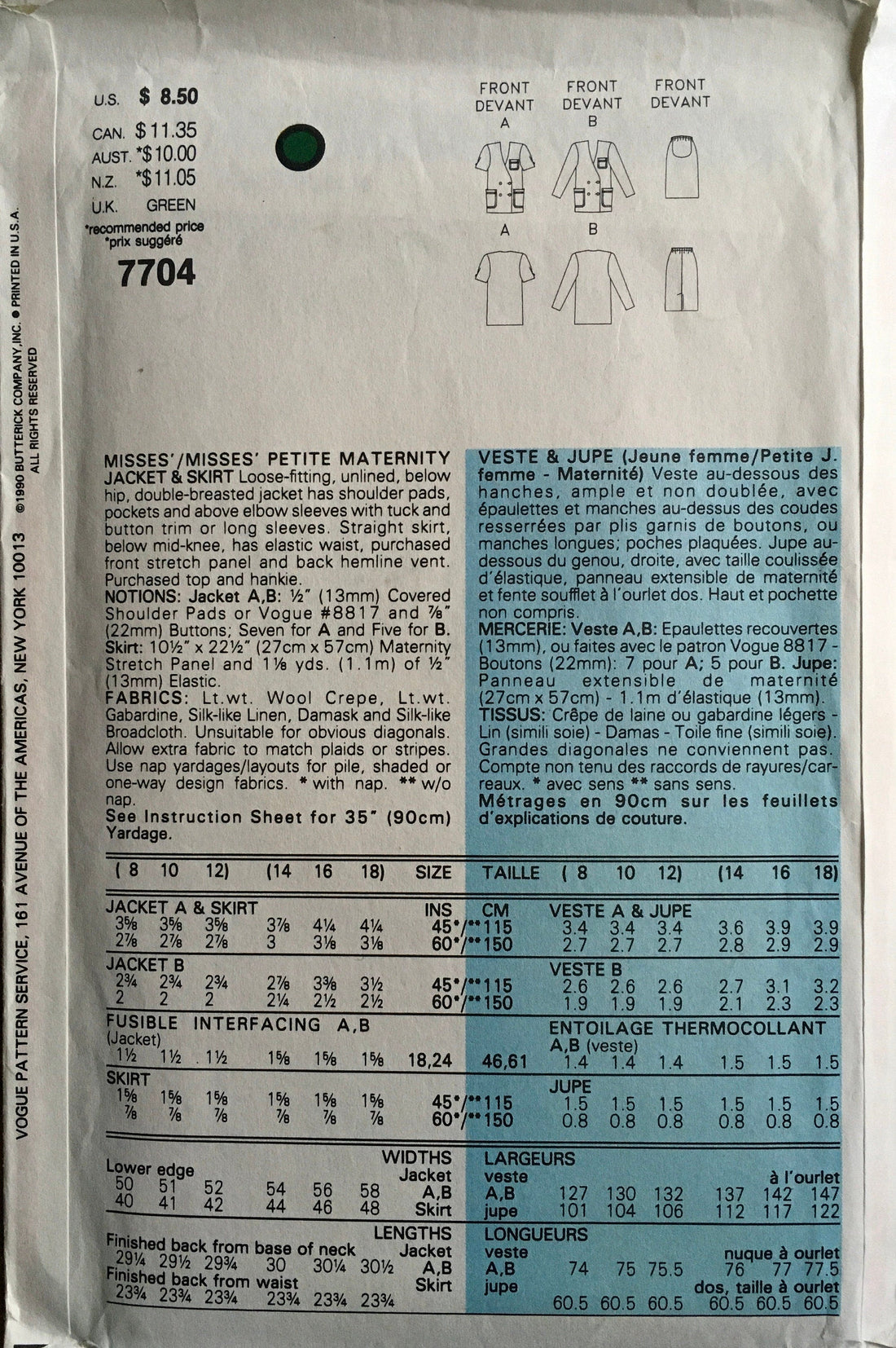 Vogue 7704 Sewing Pattern (Vintage) UNCUT