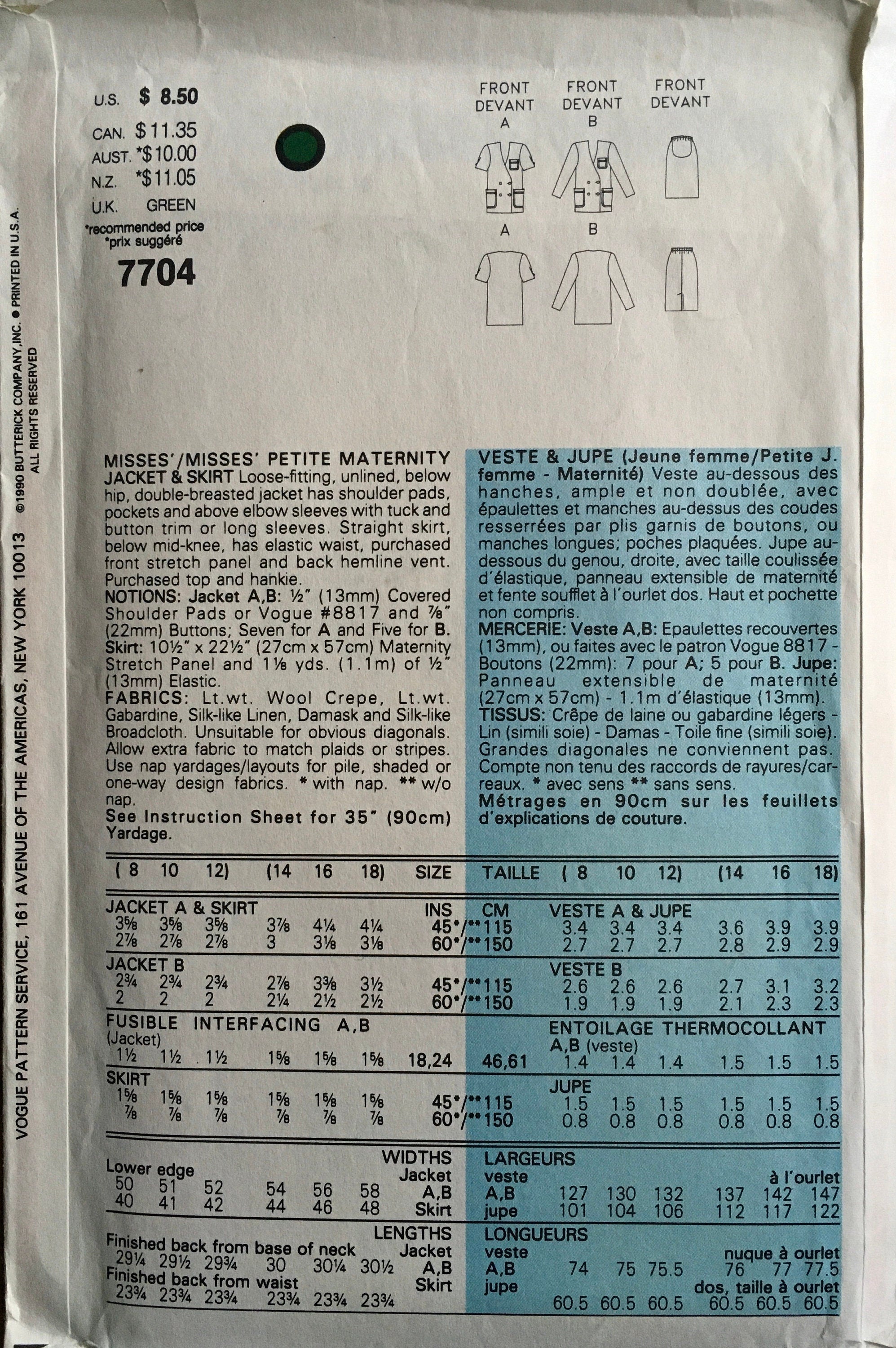 Vogue 7704 Sewing Pattern (Vintage) UNCUT