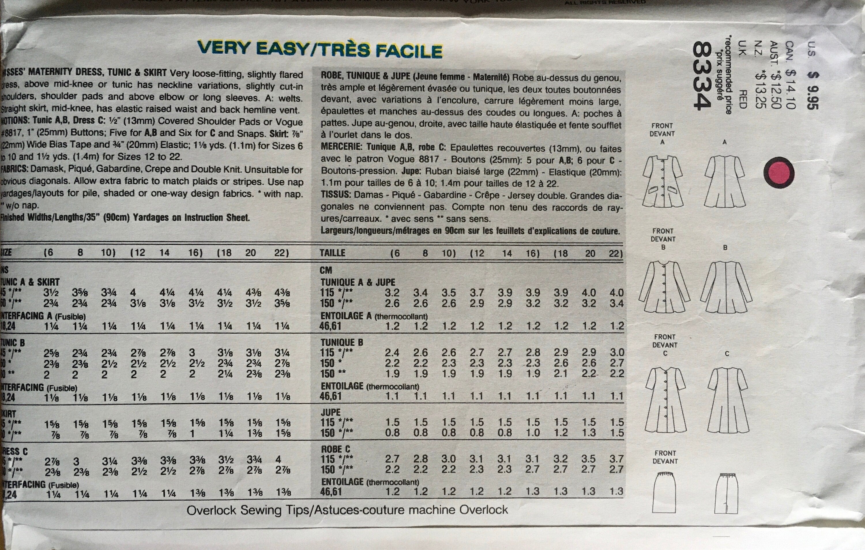 Vogue 8334 Sewing Pattern (Vintage) UNCUT/CUT