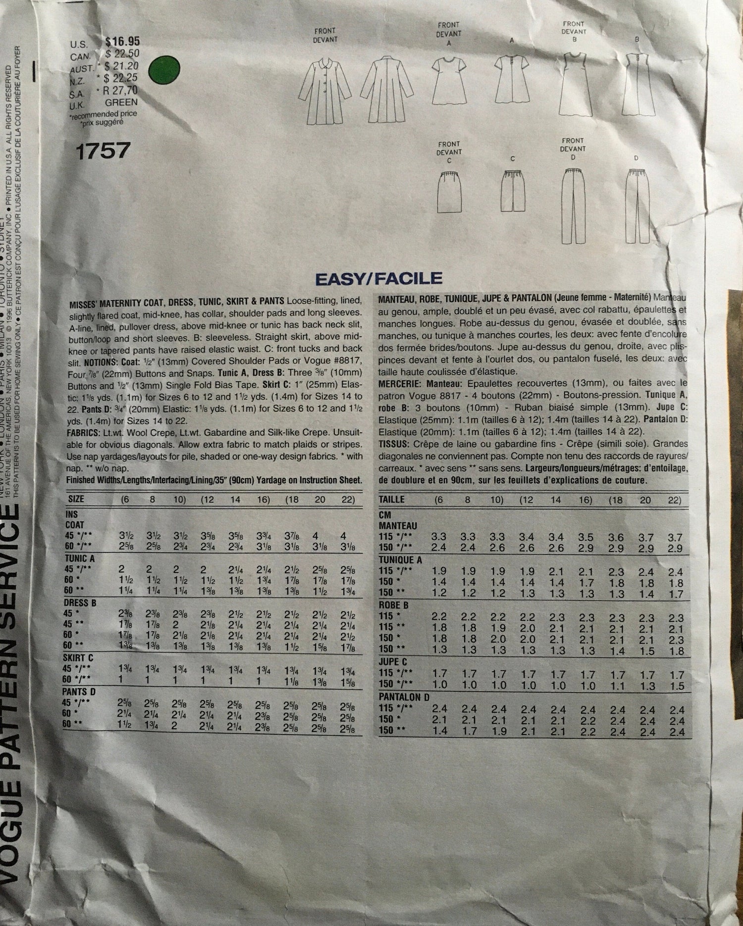 Vogue 1757 Sewing Pattern (Vintage) UNCUT