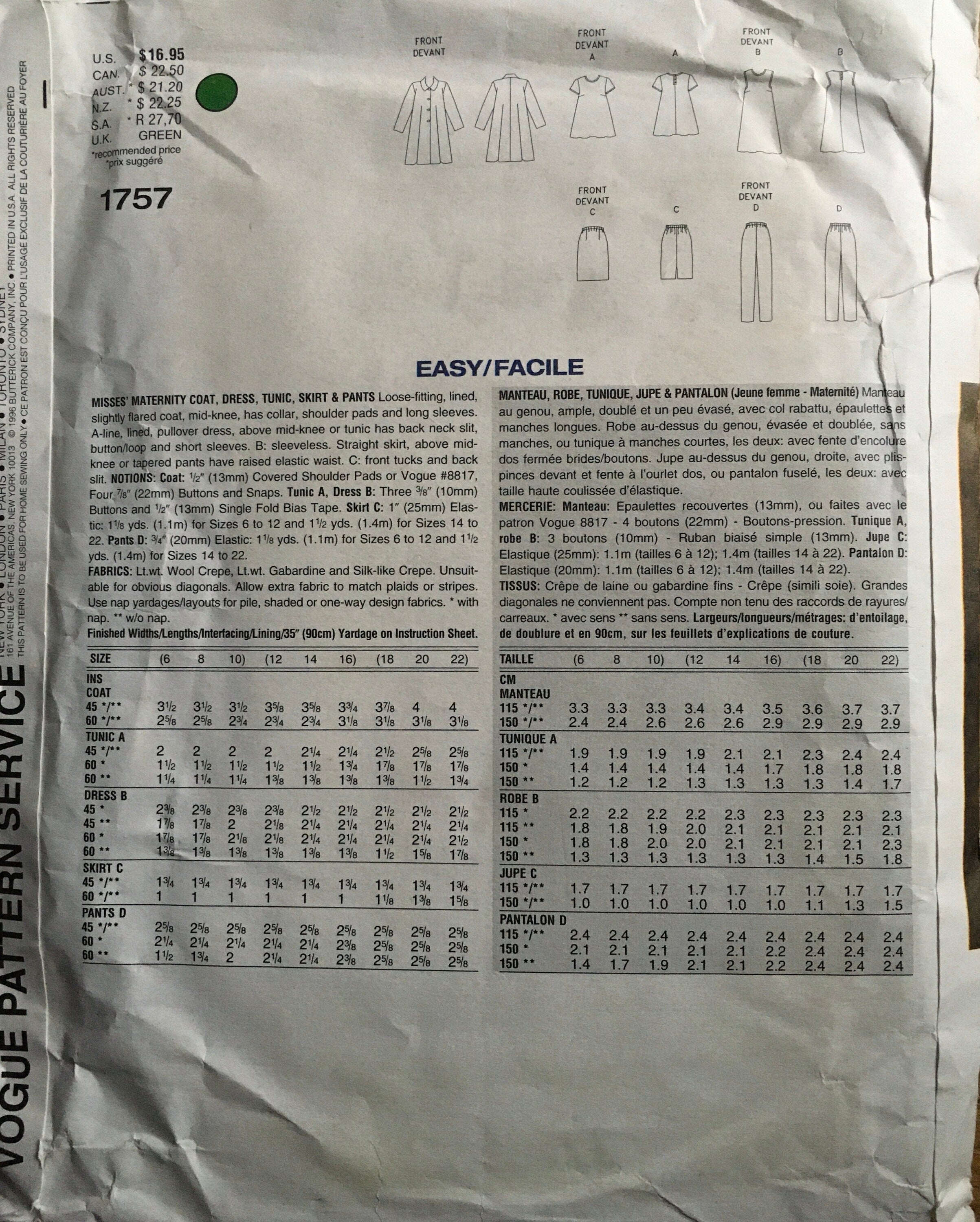 Vogue 1757 Sewing Pattern (Vintage) UNCUT