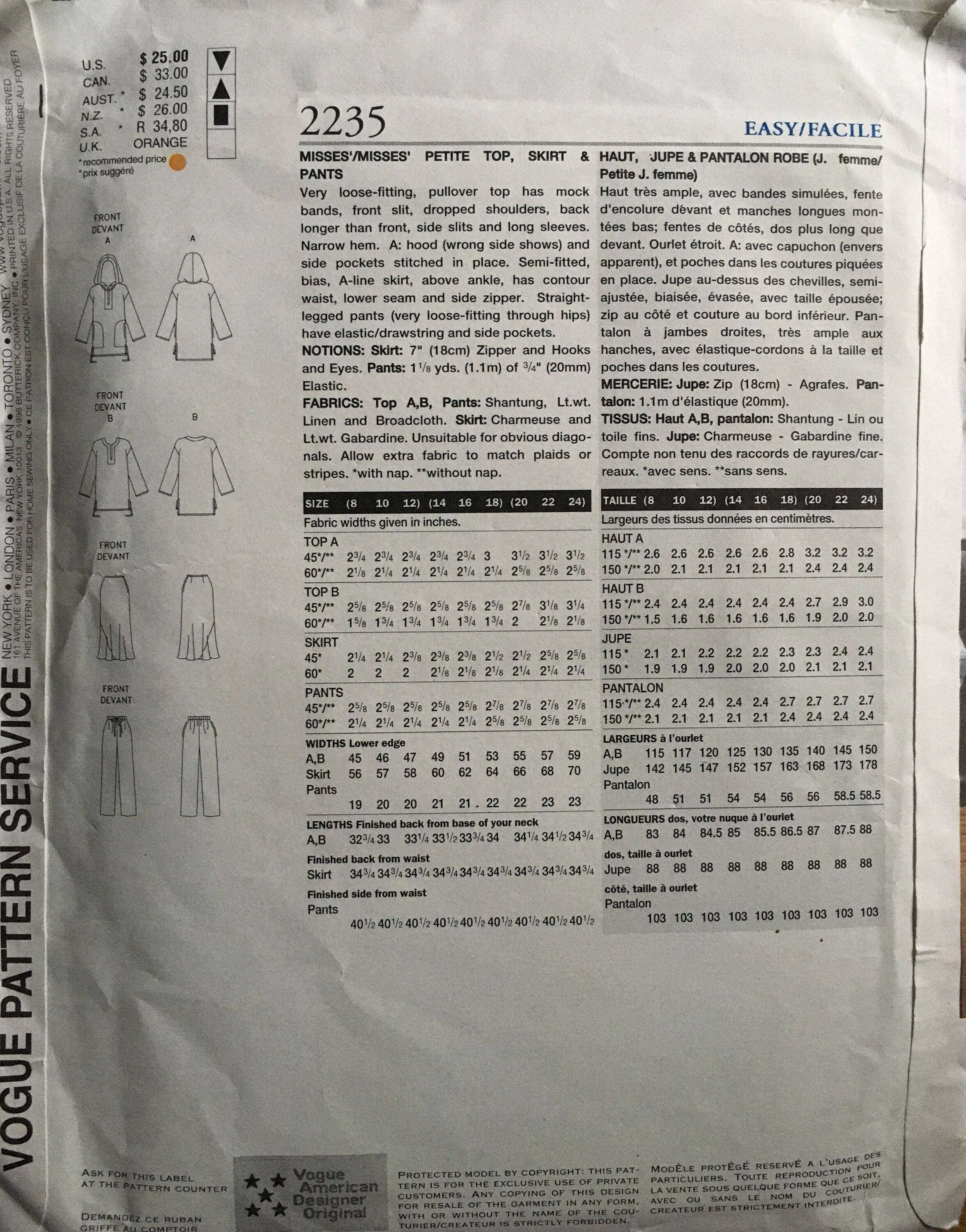 Vogue 2235 Sewing Pattern (Vintage) UNCUT
