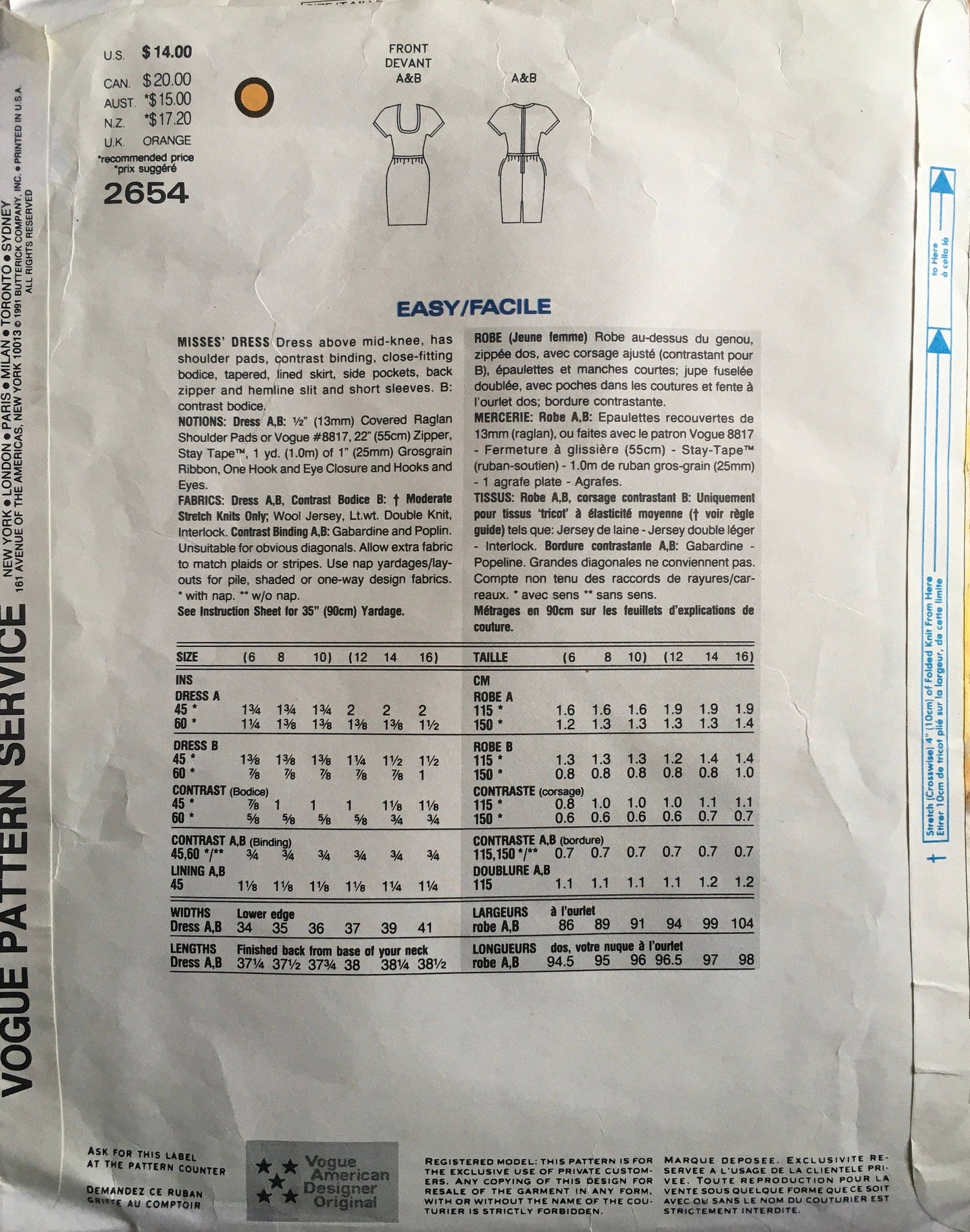 Vogue 2654 Sewing Pattern (Vintage) UNCUT