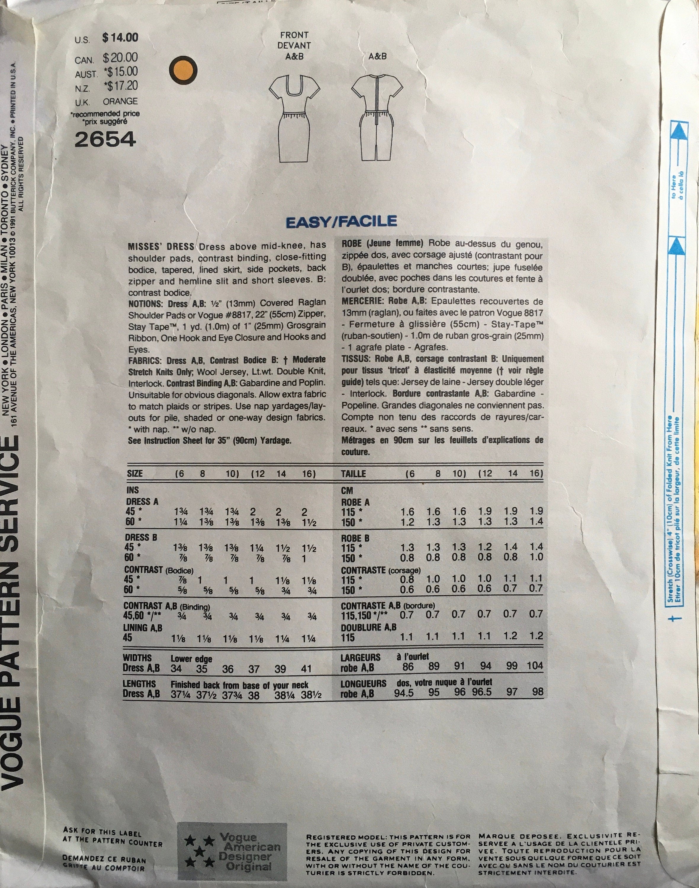 Vogue 2654 Sewing Pattern (Vintage) UNCUT