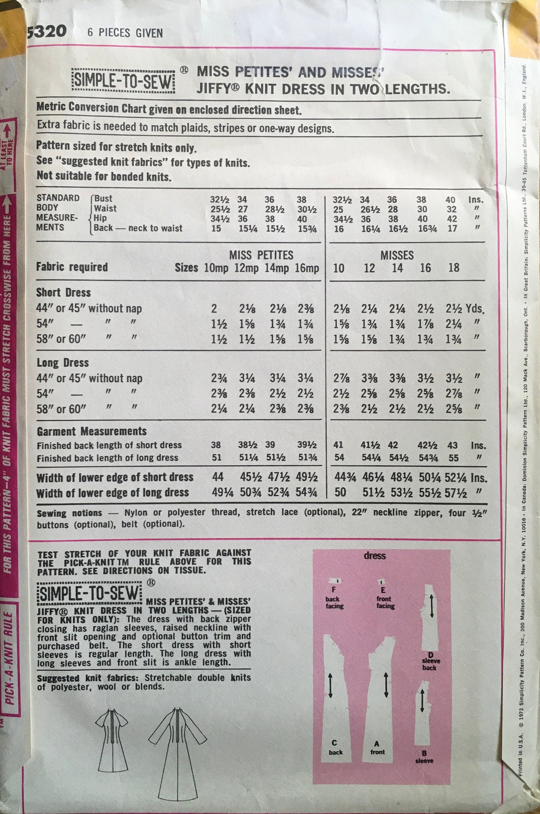 Simplicity 5320 Sewing Pattern (Vintage) UNCUT