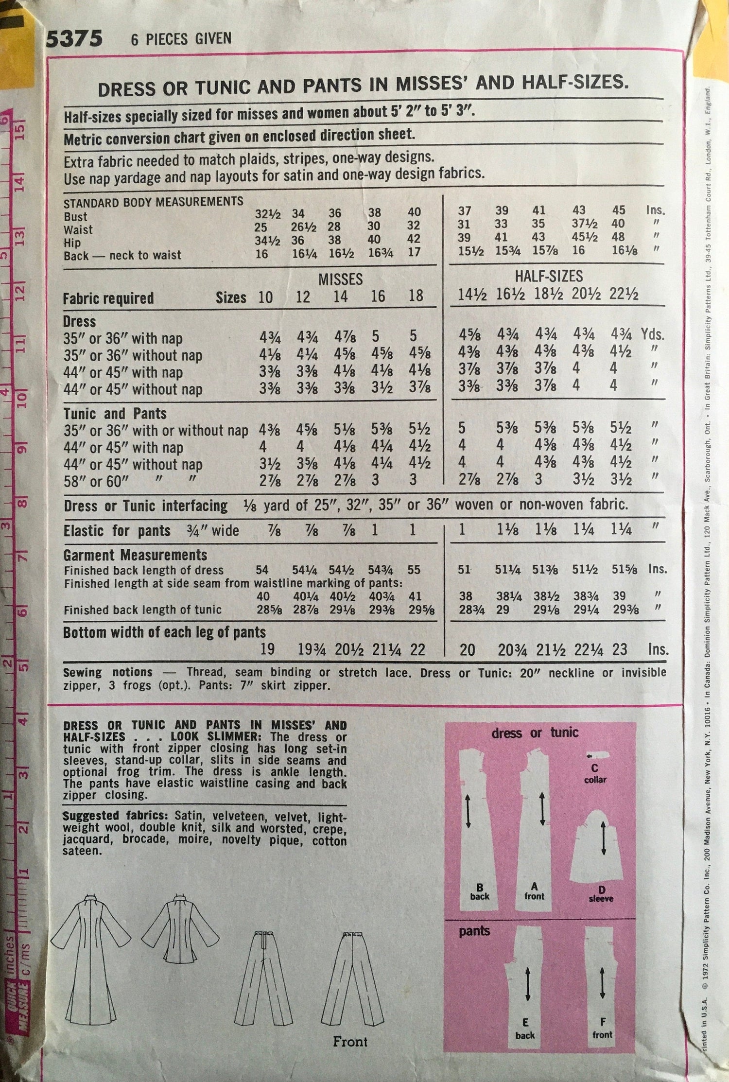 Simplicity 5375 Sewing Pattern (Vintage) UNCUT/CUT