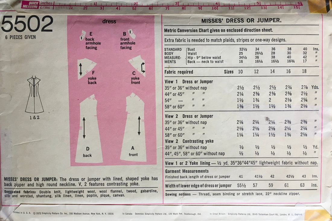 Simplicity 5502 Sewing Pattern (Vintage) CUT