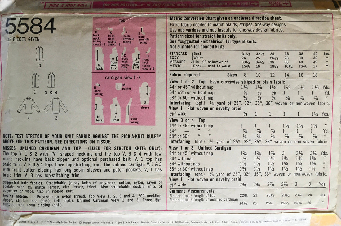 Simplicity 5584 Sewing Pattern (Vintage) CUT