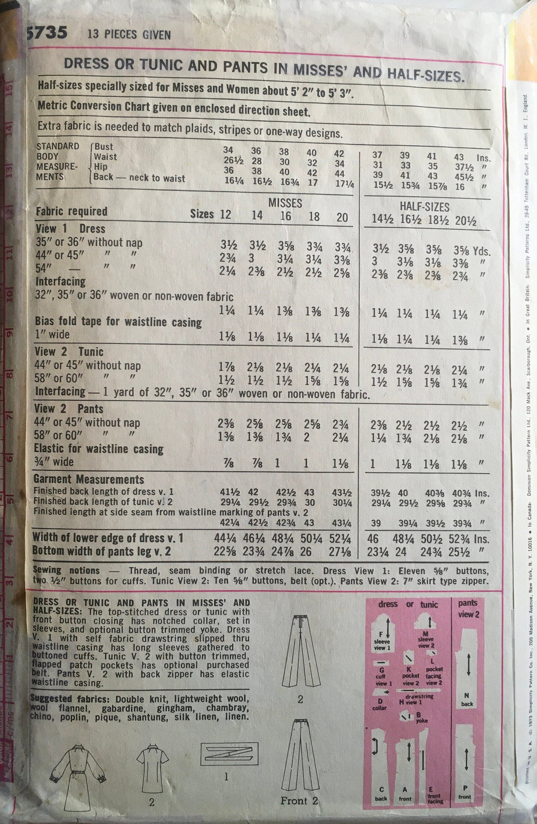Simplicity 5735 Sewing Pattern (Vintage) UNCUT/CUT