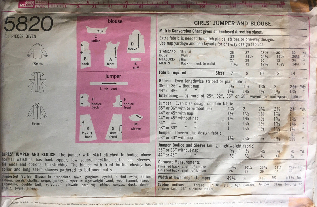 Simplicity 5820 Sewing Pattern (Vintage) CUT
