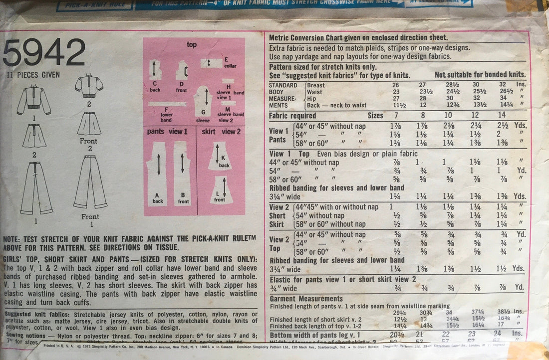 Simplicity 5942 Sewing Pattern (Vintage) CUT