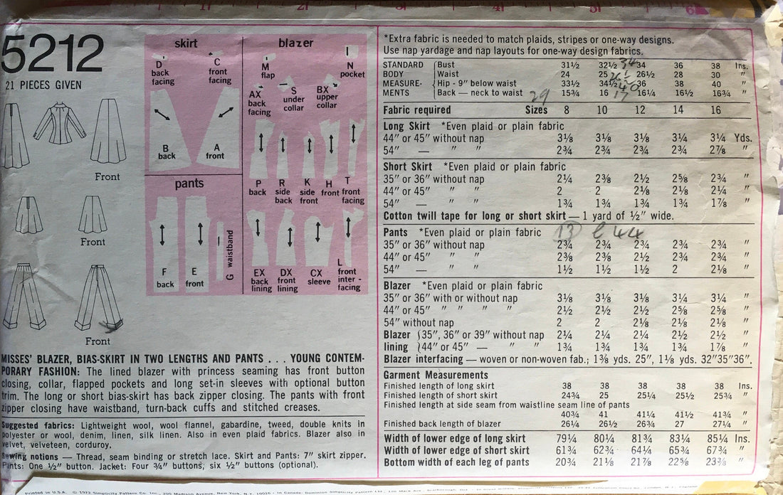 Simplicity 5212 Sewing Pattern (Vintage) CUT