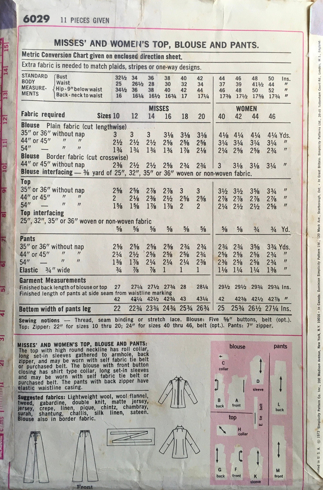 Simplicity 6029 Sewing Pattern (Vintage) UNCUT
