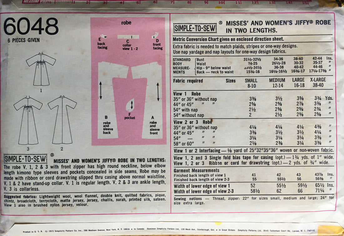 Simplicity 6048 Sewing Pattern (Vintage) CUT